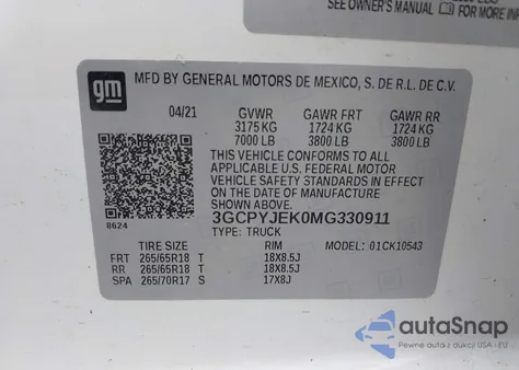 2021 Chevrolet Silverado 4Wd Short Bed Lt With 2Fl z USA, uszkodzony, nr VIN 3GCPYJEK0MG330911